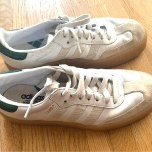 Sambas Adidas with Gum Bottom and Green accent in the back that says adidas